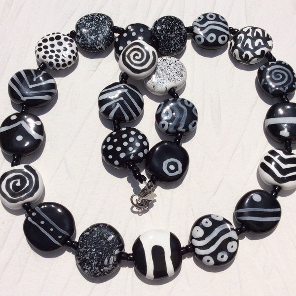 Kazuri Black and White Statement Necklace, Fair Trade Beads. Hypoallergenic Stainless Steel Clasp, Handmade One of a Kind