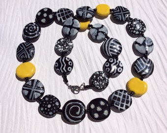 Kazuri Black and Yellow Ceramic Necklace, Beadwork Statement Necklace, Fair Trade Beads, Hypoallergenic Stainless Steel Clasp