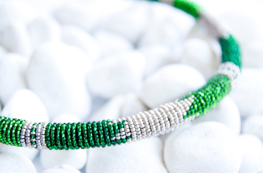 African Inspired Beaded Rope Necklace Green and Silver Zulu Etsy