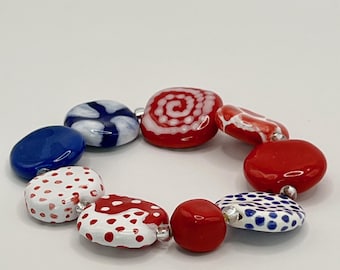 Kazuri Bead Bracelet, African Fair Trade Beads, Red White Blue, Patriotic