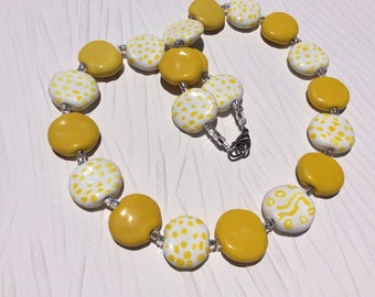 Kazuri Yellow and White Necklace, African Fair Trade Ceramic Beads, Handmade One of a Kind, Hypoallergenic Stainless Steel Clasp