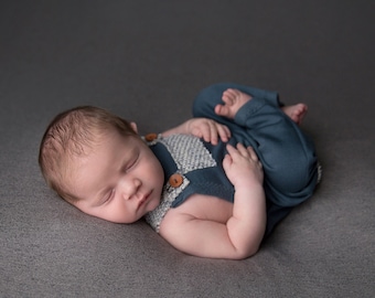 Newborn Boy Romper- "Jude"  Blue newborn romper, overalls, Newborn boy photo outfit, Newborn photo prop