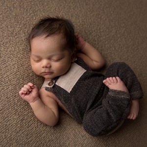 Newborn Boy Romper- "Ozzy"  Black and tan newborn romper, overalls, Newborn boy photo outfit, Newborn photo prop