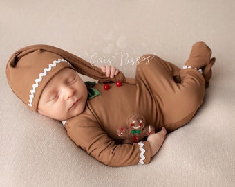 Newborn Boy Romper- Gingerbread boy footed romper. Black and Red newborn boy photo outfit, Newborn photo prop, newborn pajamas