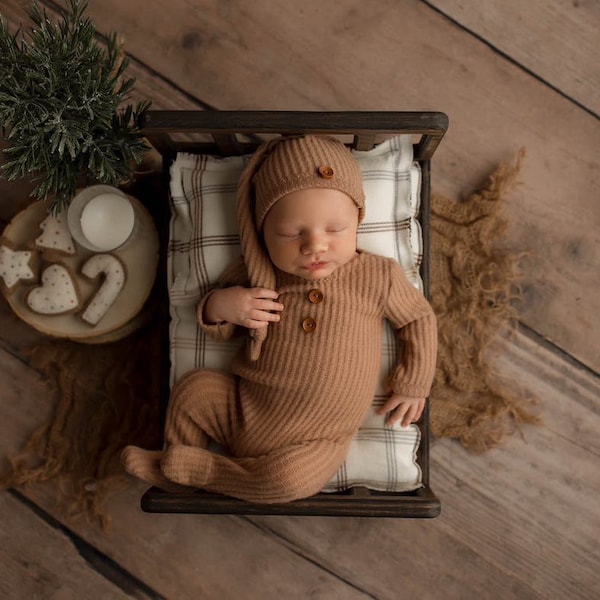 Newborn Boy Romper-  "Charlie" brown footed romper. Newborn boy photo outfit, Newborn photo prop, newborn pajamas, Christmas