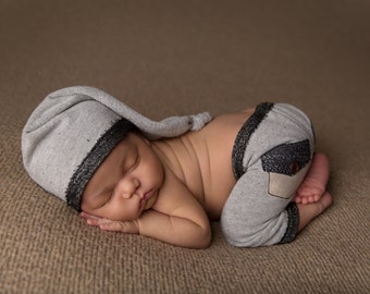 Newborn Boy Pants and Hat Set - The "Onyx"  Gray, Black and tan newborn pants, baby boy,Newborn boy photo outfit, Newborn photo prop