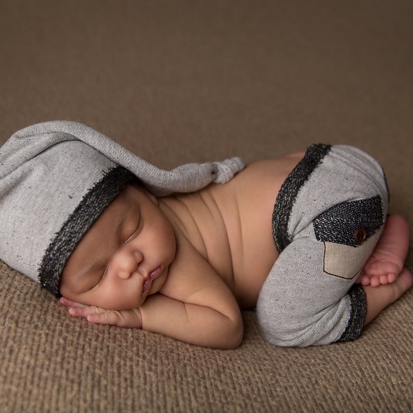 Newborn Boy Pants and Hat Set - The "Onyx"  Gray, Black and tan newborn pants, baby boy,Newborn boy photo outfit, Newborn photo prop