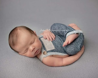 Newborn Boy Romper- "Sawyer"  Navy blue and tan newborn romper, overalls, Newborn boy photo outfit, Newborn photo prop