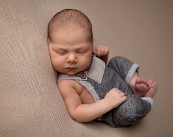 Newborn Boy Romper- "Sawyer"  Charcoal Gray and tan newborn romper, overalls, Newborn boy photo outfit, Newborn photo prop