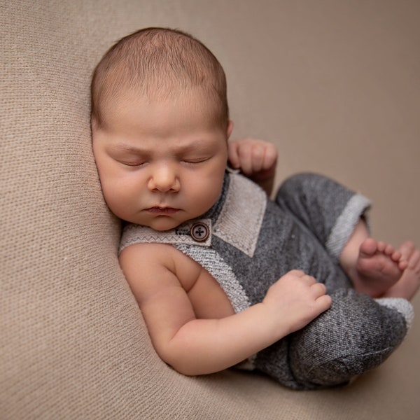 Newborn Boy Romper- "Sawyer"  Charcoal Gray and tan newborn romper, overalls, Newborn boy photo outfit, Newborn photo prop