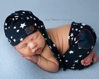 Newborn Boy Pants and Hat Set - "Aron"  in navy blue and white stars newborn outfit, baby boy, 4th of july, newborn photo prop, newborn hat