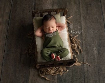 Newborn Boy Romper- "Fallon" Green newborn romper, overalls, Newborn boy photo outfit, Newborn photo prop