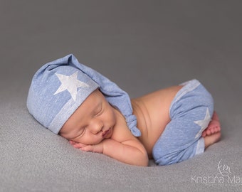 Newborn Boy Pants and Hat Set - "Dylan"  baby blue and white newborn pants and hat. Stars, Newborn boy photo outfit, Newborn photo prop