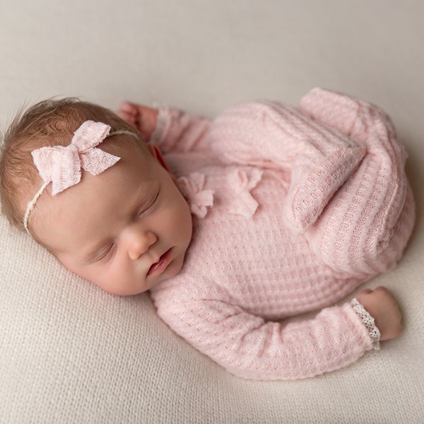 Newborn Girl Romper-  "Tatum"  Pink footed romper with matching headband. Newborn girl photo outfit, Newborn photo prop, newborn pajamas