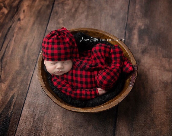 Newborn Boy Romper zane Buffalo Plaid Footed Romper. Black and Red