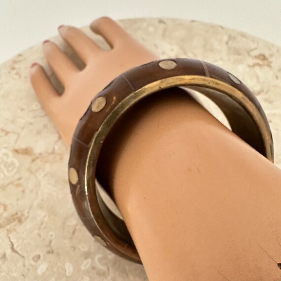 Vintage Wood Brass Bangle Bracelet - image 3