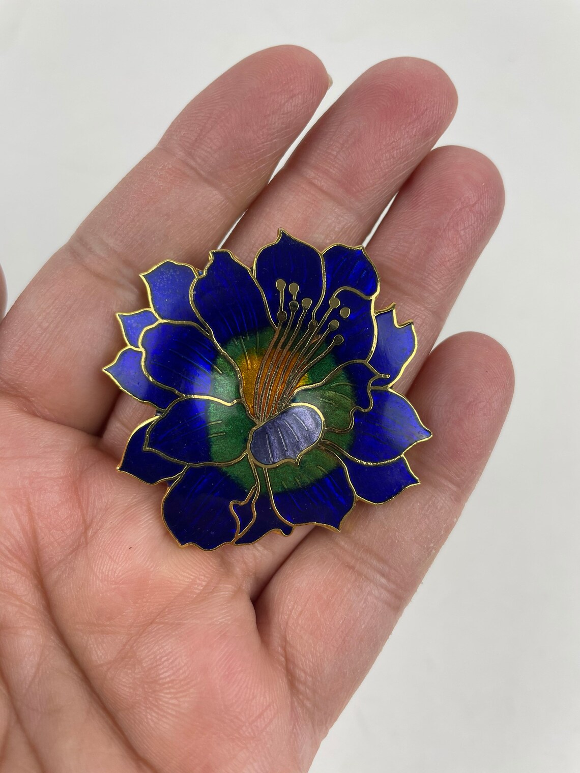 Vintage Cloisonne Brooch Enamel Flower Brooch Pretty Blue Etsy