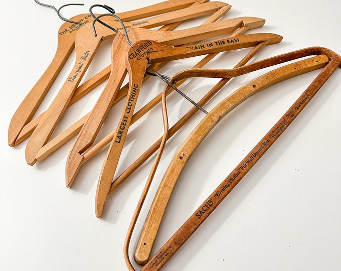 6 Vintage Wooden Hangers, Old Coat Hanger, Wood Clothing Hangers, Wood