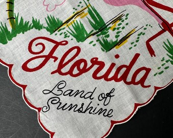 Vintage Handkerchief, Florida State Souvenir Handkerchief, Pink Flamingo Hankie, Kitschy Roadside Americana Hanky, Florida Land of Sunshine