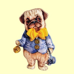 May include: A whimsical pug figurine wearing a blue jacket with gold buttons and a bright yellow bow tie. The pug holds a gold-colored object in one paw and a small blue bag in the other. The background is a pale yellow.