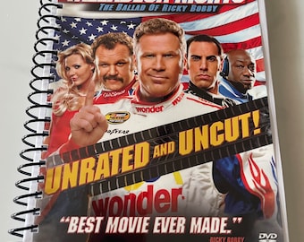 May include: A DVD cover for the film Talladega Nights: The Ballad of Ricky Bobby, starring Will Ferrell. The cover features a red, white and blue American flag background with a close-up of Will Ferrell in a racing suit. The text "UNRATED AND UNCUT!" is in large, bold letters across the cover. The tagline "BEST MOVIE EVER MADE." is also featured on the cover.