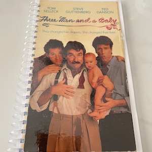 Three Men and a Baby Movie 80s VHS Upcycled Spiral Bound Notebook Journal Vintage Tom Selleck Steve Guttenburg Ted Danson