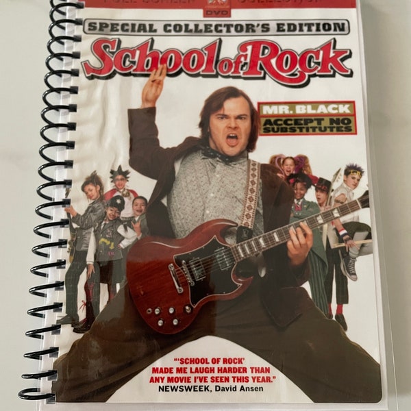 School of Rock Movie DVD Upcycled Spiral Bound Notebook Vintage Gift Ideas Jack Black