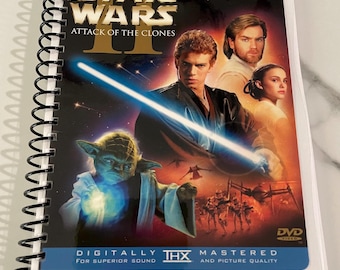 Cuaderno de espiral reciclado en DVD de la película Star Wars 2 El Ataque de los Clones, vintage, Ewan McGregor, Natalie Portman, Hayden Christensen