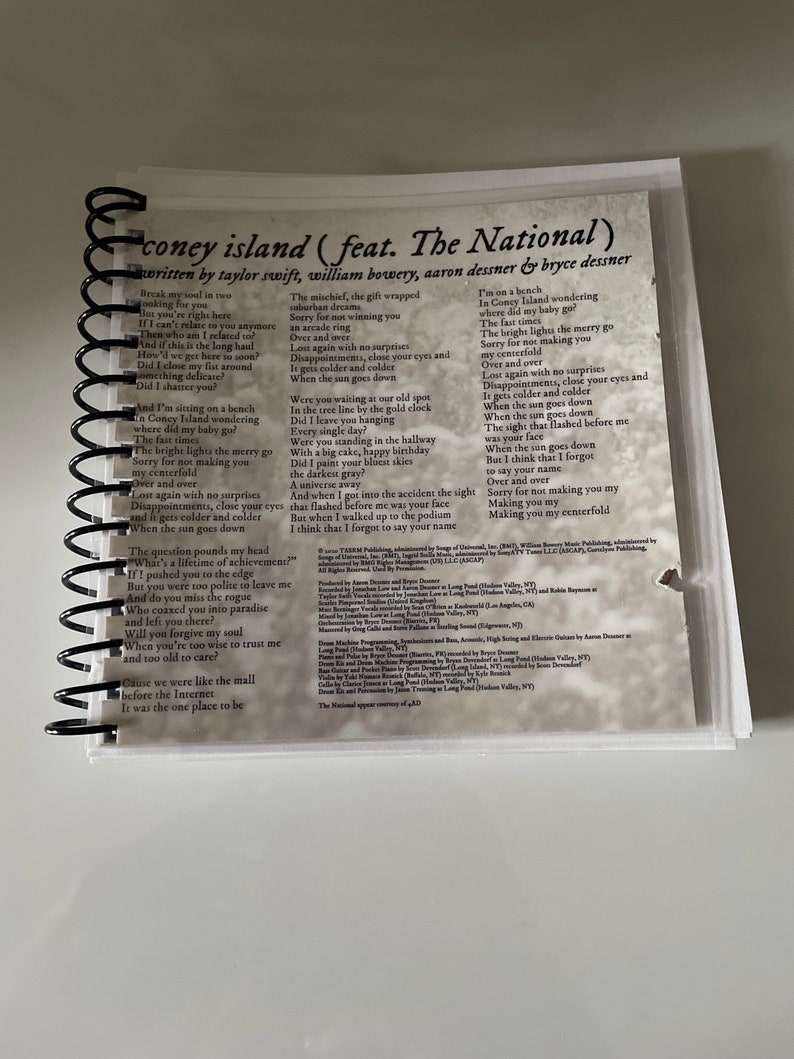 May include: A close-up of a notebook with lyrics from the song "Coney Island" by Taylor Swift featuring The National. The lyrics are printed on a white background with black text. The lyrics include the lines "Break my soul in two" and "Sorry for not making you my centerfold".