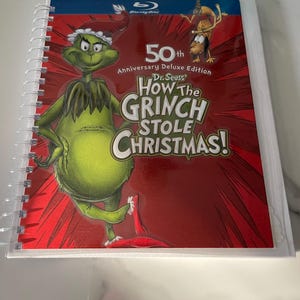 Dr Suess How the Grinch Stole Christmas Movie Blu Ray DVD Upcycled Spiral Bound Notebook Journal Notepad Vintage Gift Ideas Classic Cartoon
