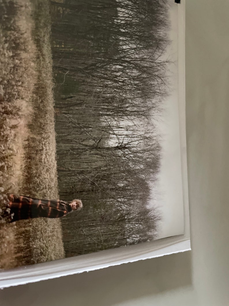 May include: A person wearing a plaid shirt stands in a field of tall grass with a forest of bare trees in the background.
