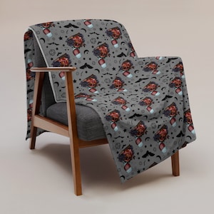 Dungeons and Dragons Inspired D20 Dice Throw Blanket with Bat & Vampire Motifs