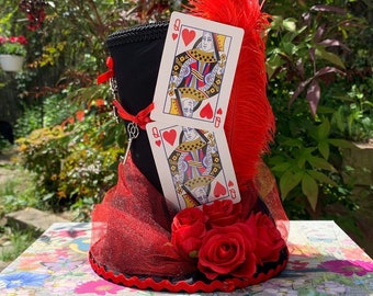 Queen of Hearts Centerpiece (8” Tall) with Playing Cards - Satin Mad Hatter Tea Party Top Hat, Alice in Wonderland Birthday Decorations