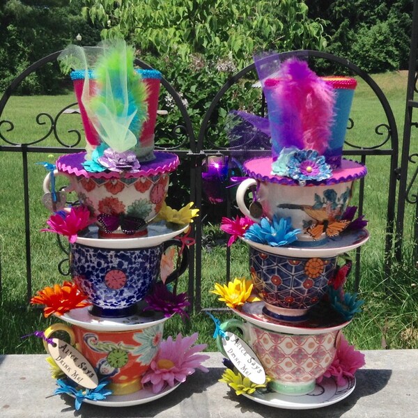 TWO Alice in Wonderland Centerpieces, Mad Hatter Tea Party Decorations - Whimsical Stacked Teacups, Birthday, Baby Shower, Bridal Shower