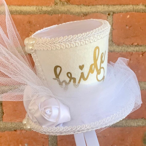 BRIDE Tea Party Hat, White Bridal Shower Top Hat Headband, Mad Hatter Felt Fascinator, Alice in Wonderland, Onederland, Birthday, (4" Tall)