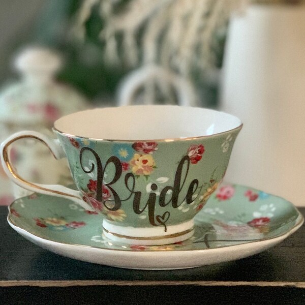 Ready to Ship Gift for Bride | Sage Green Tea Cup Saucer Set | Floral Print Teacup | BRIDE + HEART | Mad Hatter's Tea Party | Bridal Shower