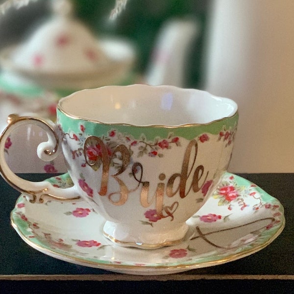 Green Floral Gold Trimmed Tea Cup & Saucer Set ~ BRIDE + HEART ~ Ready to Ship Bridal Shower Gift, Mad Hatter Tea Party, Wedding Teacup