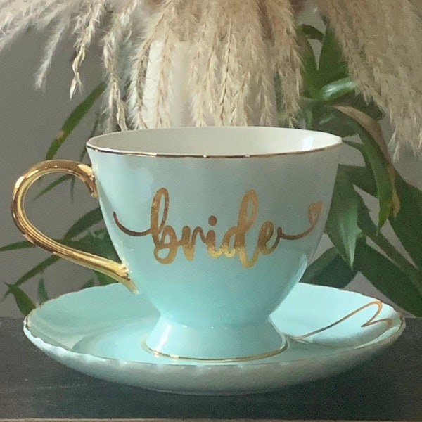 Something Blue | BRIDE + HEART | Gold Trimmed Tea Cup & Saucer Set | Ready to Ship Bridal Shower Gift, Mad Hatter Tea Party, Teacup, Wedding