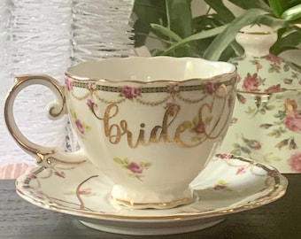 Pink Floral Gold Trimmed Tea Cup & Saucer Set ~ BRIDE + HEART ~ Ready to Ship Bridal Shower Gift, Mad Hatter Tea Party, 7 oz Teacup, Wedding