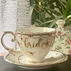 Pink Floral Gold Trimmed Tea Cup & Saucer Set ~ BRIDE + HEART ~ Ready to Ship Bridal Shower Gift, Mad Hatter Tea Party, 7 oz Teacup, Wedding