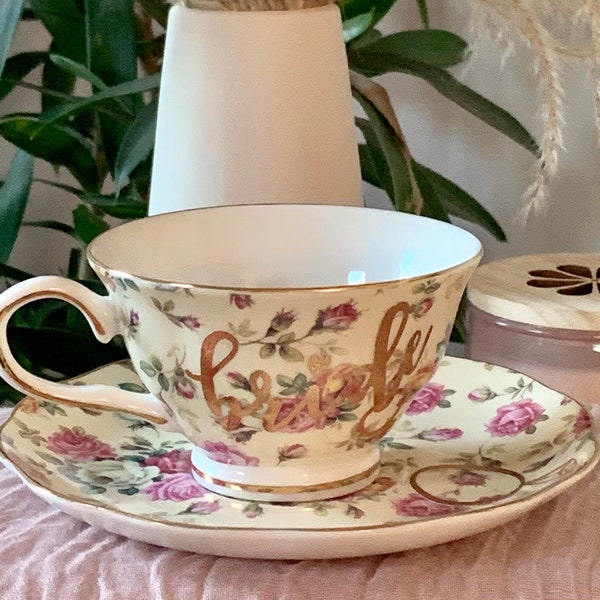 Cream Floral Tea Cup & Saucer Set w/ Gold Trim ~ BRIDE + RING, Ready to Ship Bridal Shower Gift, Mad Hatter Tea Party, Teacup, Wedding Prop
