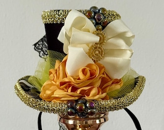Black Satin & Checkered Top Hat Fascinator | Whimsical Mad Hatter Tea Party Birthday Hat | Alice in Wonderland Top Hat w/ Elastic (4" Tall)