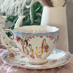 Blue Floral Gold Trimmed Tea Cup & Saucer Set ~ BRIDE + HEART ~ Ready to Ship Bridal Shower Gift, Mad Hatter Tea Party, 7 oz Teacup, Wedding
