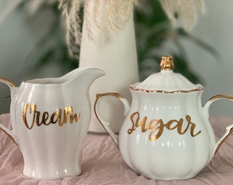 Porcelain CREAM & SUGAR Bowl Set with Gold Trim | Ready to Ship | Baby Shower | Bridal Shower | Mad Hatter Tea Party | Sugar and Creamer