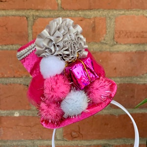 READY to SHIP! Mini Top Hat Headband, Hot Pink Satin Headpiece, Alice in Wonderland Fascinator, Mad Hatter Tea Party, Birthday (3.5&quot; Tall)
