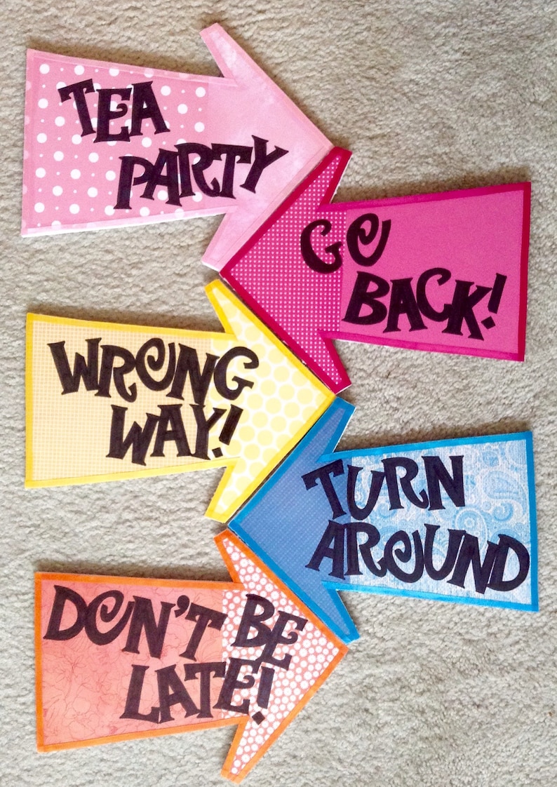 Mad Hatter Tea Party Decorations 5 Alice in Wonderland Arrow Signs on Foam Board Don't Be Late, Go Back, Wrong Way, Turn Around 12 image 6