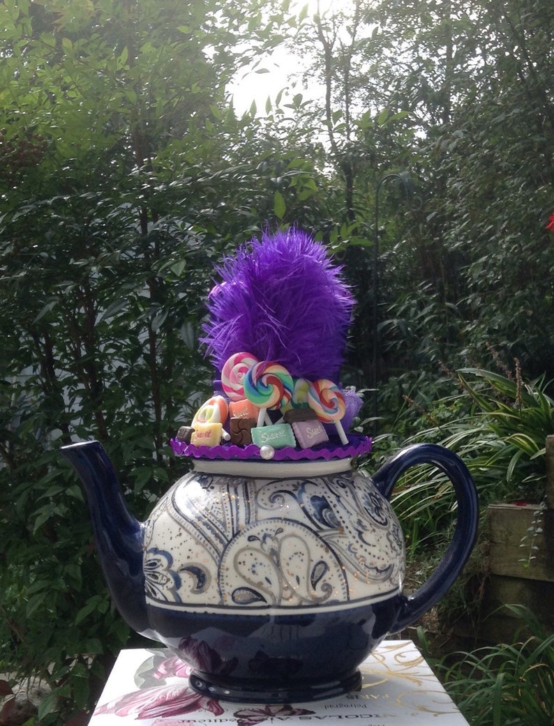 Willy Wonka Inspired Top Hat Fascinator with fake candy - 3.5 Tall Birthday Decorations - Mad Hatter Tea Party Hat in Purple Satin
