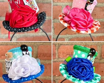 Party Pack ~ Four (4) Whimsical Alice in Wonderland Themed Tiny Top Hat Fascinators | Mad Hatter Tea Party | Headpiece Headband | 3.25" Tall