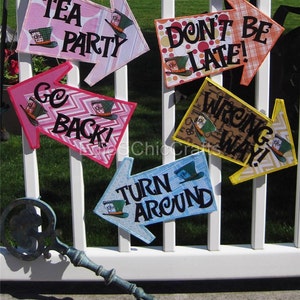 Mad Hatter Tea Party Decorations 5 Alice in Wonderland Arrow Signs on Foam Board Don't Be Late, Go Back, Wrong Way, Turn Around 12 image 2