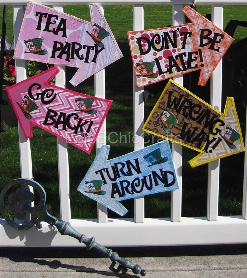 Mad Hatter Tea Party Decorations 5 Alice in Wonderland Arrow Signs on Foam Board Don't Be Late, Go Back, Wrong Way, Turn Around 12 image 2